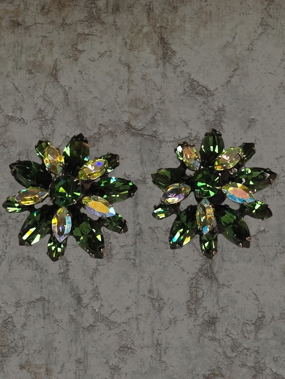 Vintage Emerald Green And Yellow AB Crystal Clip On Earrings